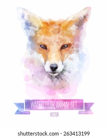 Vector set of animals. Fox hand painted watercolor illustration isolated on white background