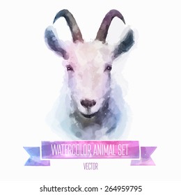 Vector set of animals. Goat hand painted watercolor illustration isolated on white background