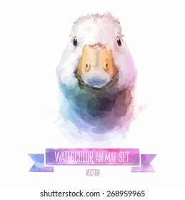 Vector set of animals. Goose hand painted watercolor illustration isolated on white background