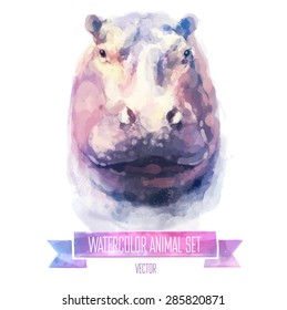 Vector set of animals. hippopotamus hand painted watercolor illustration isolated on white background