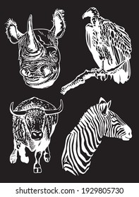 Vector set of animals isolated on black background, African collection elements