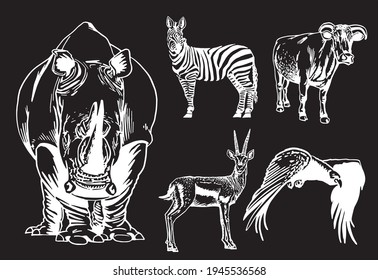 Vector set of animals isolated on black background, African collection elements