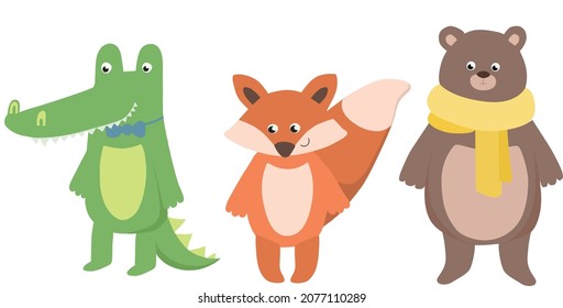 Vector set of animals isolated on a white background: crocodile,fox,bear.