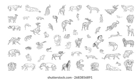 Conjunto vetorial de animais em um estilo linear. Ilustrações para criação de páginas coloridas, impressões.