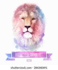 Vector set of animals. Lion hand painted watercolor illustration isolated on white background