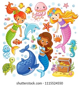 Vector set with animals and mermaids. Picture in the cartoon style.