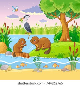 Vector set with animals and nature in a children's style. Beavers are near the dam. The heron holds the frog in its beak.
