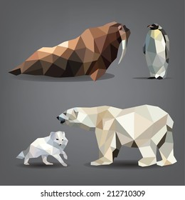 Vector set of animals of the north: bear, arctic fox, walrus, penguin