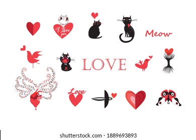 Vector set of animals and objects icons for Valentine's Day. Example of Valentines icons for the holiday