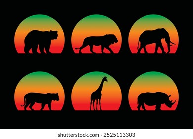 Vector set of animals on retro sunset background. Hand drawn, not AI