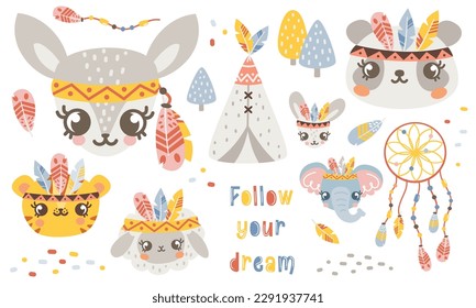 Vector set of animals on a white background. Animal faces in Indian feather crowns, dream catcher, tepee, bright lettering 