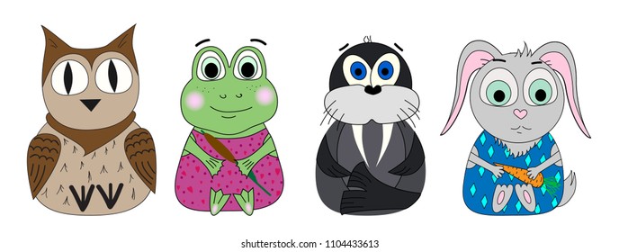 Vector set of animals. Owl, frog, walrus, rabbit Cartoon print, cute print. Vector illustration.