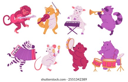 Vector set with animals playing musical instruments. The set includes a monkey playing an electric guitar, a sheep playing a synthesizer and many others