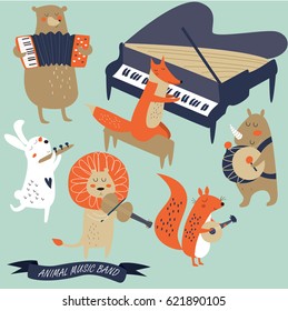 Vector set of animals playing musical instruments. Cartoon style.