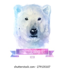 Vector set of animals. Polarbear hand painted watercolor illustration isolated on white background