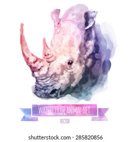 Vector set of animals. Rhino hand painted watercolor illustration isolated on white background