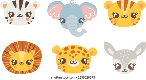 Vector set of animals of the savannah and Africa. Tiger, lion, leopard, white tiger, elephant, antelope. Cute animal faces on white background 