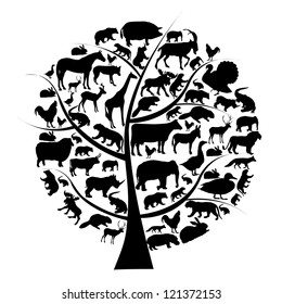 Vector Set Of Animals Silhouette On Tree.