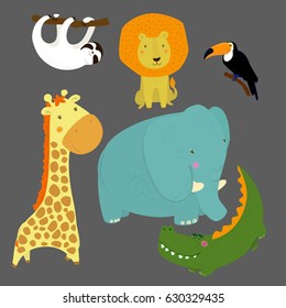 Vector set animals with sloth, elephant, giraffe, toucan, alligator and lion