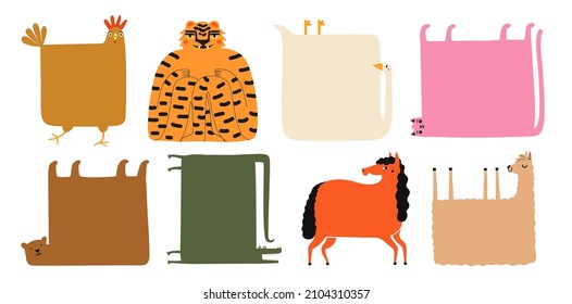 Vector set with animals. Tiger, chicken, goose, pink cat, bear, crocodile, horse and llama. Funny collection, poster templates