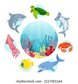 Conjunto vectores de animales del mundo submarino. Ilustraciones de dibujos animados de criaturas marinas lindas. Fondo marino vectorial.
