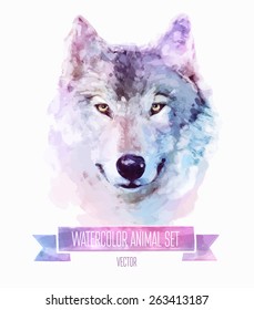 Vector set of animals. Wolf hand painted watercolor illustration isolated on white background