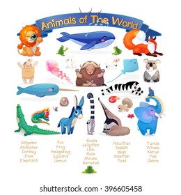 vector Set "Animals of the World" addition to series of English ABC "Amusing Animals". List words birds. Baby shower. School manual for teachers. Clipart isolated on white background. EPS 10
