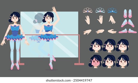 Vector set for animation of a ballerina asian girl with options for hands, feet and facial expressions