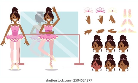 Vector set for animation of a ballerina black girl with options for hands, feet and facial expressions