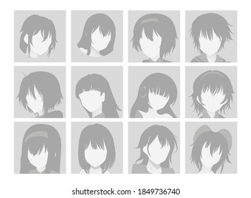 Vector Set of Anime Faces with Hair. Flat Gray Icons of Girls for Web and Mobile. Default Placeholder Avatar Profile on Gray Background. Gray photo. Beautiful Cartoon Portraits of Girls. EPS 10+