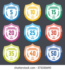 Vector set of anniversary badges. Five, ten, twenty, thirty, forty, fifty years jubilee design elements collection.