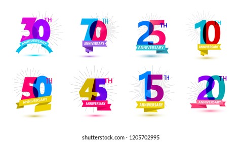 Vector set of anniversary dates compositions with ribbons, years birthday logo labels. Isolated. 10, 70, 25, 50, 45, 15, 20, 30