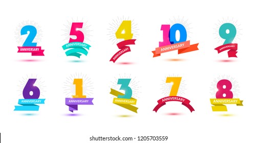 Vector set of anniversary dates compositions with ribbons, years birthday logo labels. Isolated. 1, 2, 3, 4, 5, 6, 7, 8, 9, 10