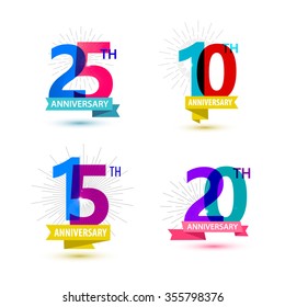 Vector set of anniversary numbers design. 25, 10, 15, 20 icons, compositions with ribbons. Colorful, transparent with shadows on white background isolated. Anniversary dates, anniversary numbers