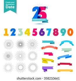 Vector set of anniversary numbers design. Create your own icons, compositions with ribbons, dates and sunbursts . Colorful retro collection of anniversary dates, anniversary numbers