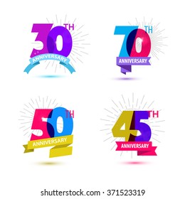 Vector set of anniversary numbers design. 30, 70, 50, 45 icons, compositions with ribbons. Colorful, transparent with shadows on white background isolated. Anniversary dates logos, birthday card icons