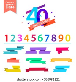 Vector set of anniversary numbers design. Create your own icons, compositions with ribbons, dates and sunbursts . Colorful retro collection