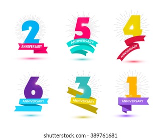 Vector set of anniversary numbers design. 1, 2, 3, 4, 5, 6 icons, compositions with ribbons. Colorful, transparent with shadows on white background isolated. Anniversary logos, anniversary design