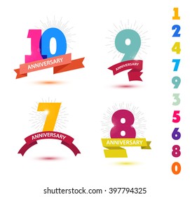 Vector set of anniversary numbers design. 10, 9, 7, 8 icons, compositions with ribbons. Colorful with shadows on white background isolated