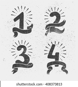 Vector set of anniversary numbers design. 1, 2, 3, 4 icons, compositions with ribbons. Black and white, hipster modern style, retro. Blackboard