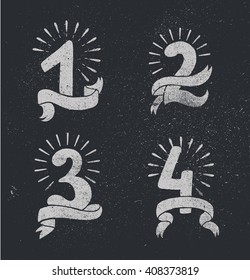 Vector set of anniversary numbers design. 1, 2, 3, 4 icons, compositions with ribbons. Black and white, hipster modern style, retro. Blackboard