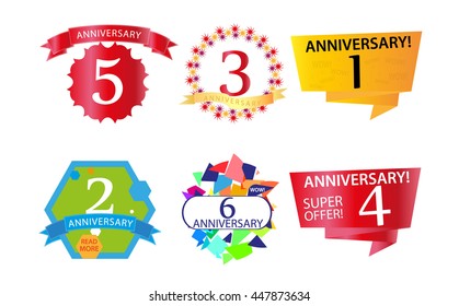 Vector set of anniversary numbers design. 1, 2, 3, 4, 5, 6 icons, compositions with ribbons. Anniversary logos, anniversary design