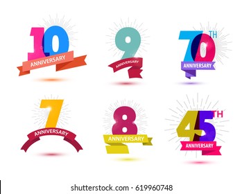 Vector set of anniversary numbers design. 10, 9, 70, 7, 8, 45 icons, compositions with ribbons. Colorful, transparent with shadows on white background isolated. Anniversary logos, anniversary design