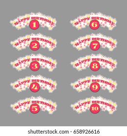 Vector set of anniversary numbers design icons, compositions with stars and fireworks and the inscription Happy Birthday. Colorful emblems, Anniversary logos on gray background isolated