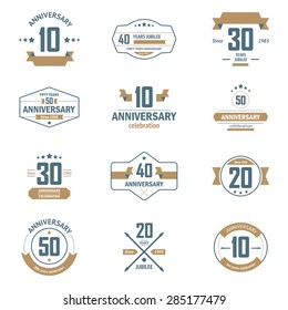 Vector set of anniversary signs, symbols. Ten, twenty, thirty, forty, fifty years jubilee design elements collection.