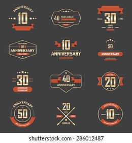 Vector set of anniversary signs, symbols. Ten, twenty, thirty, forty, fifty years jubilee design elements collection.