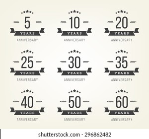 Vector set of anniversary signs, symbols. Five, ten, twenty, thirty, forty, fifty years jubilee design elements collection.