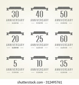 Vector set of anniversary signs, symbols. Five, ten, twenty, thirty, forty, fifty years jubilee design elements collection.