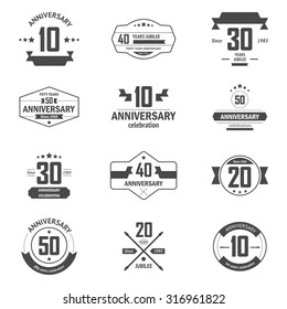 Vector set of anniversary signs, symbols. Ten, twenty, thirty, forty, fifty years jubilee design elements collection.