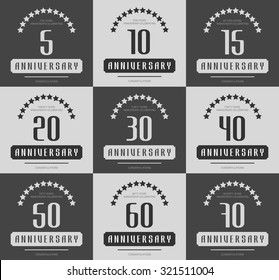 Vector set of anniversary signs, symbols. Five, ten, fifteen, twenty, thirty, forty, fifty, sixty, seventy years jubilee design elements collection.